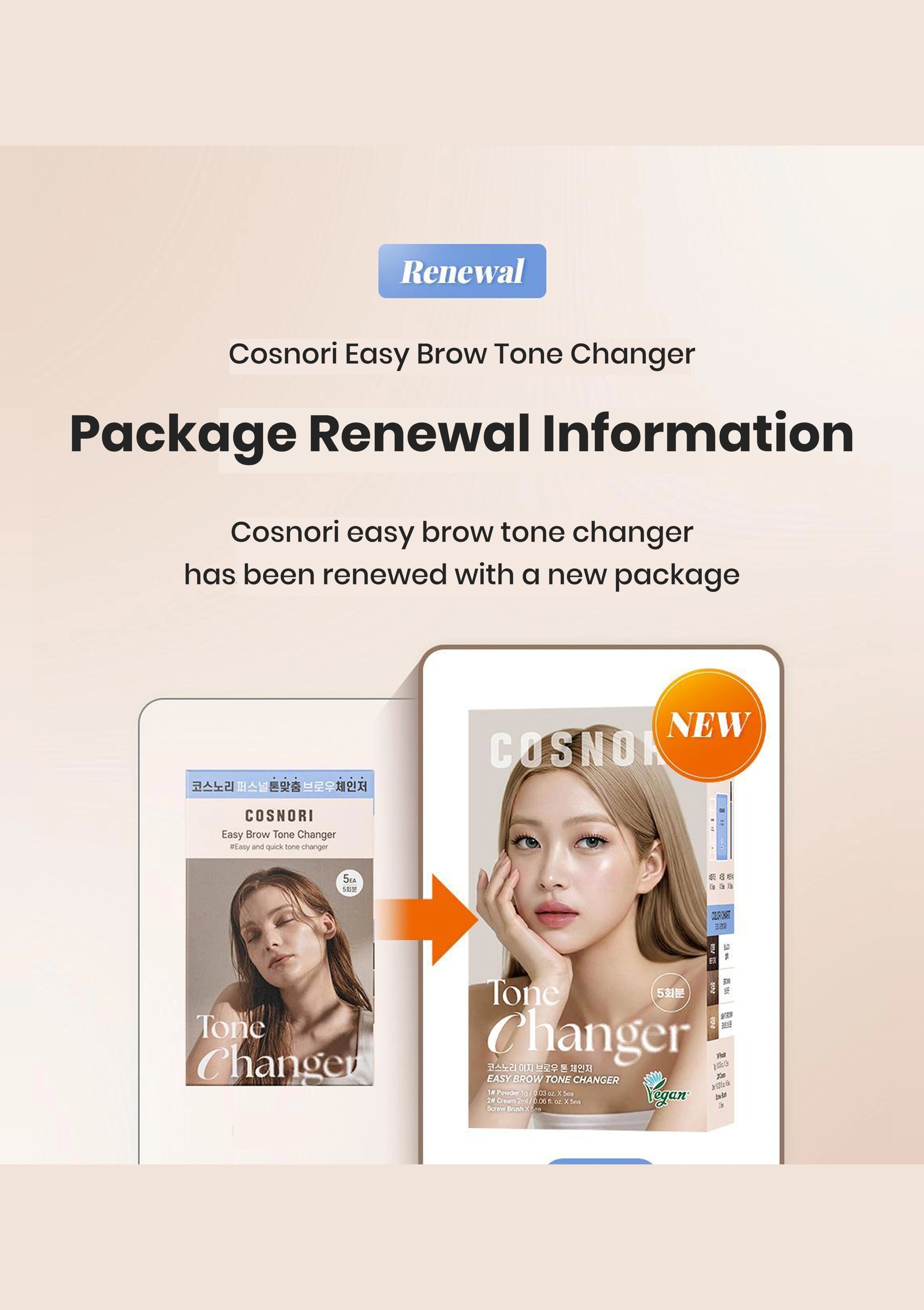 Cosnori Easy Brow Tone Changer renewal package with a new design on a beige background.